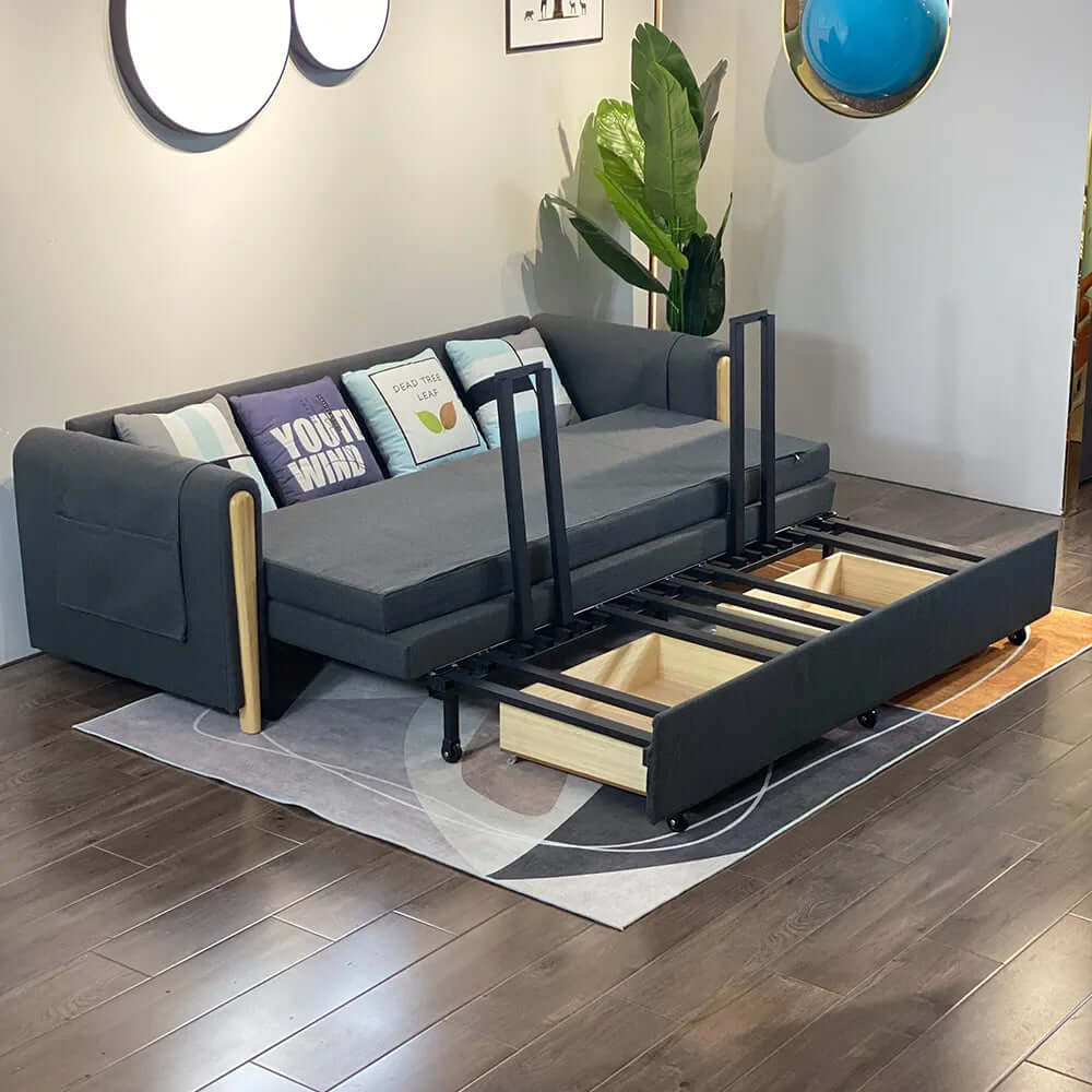 Upholstered sleeper sofa with hidden storage space for convenience