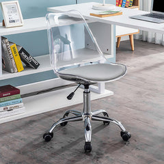 White modern swivel office chair with clear plastic and adjustable height for desks