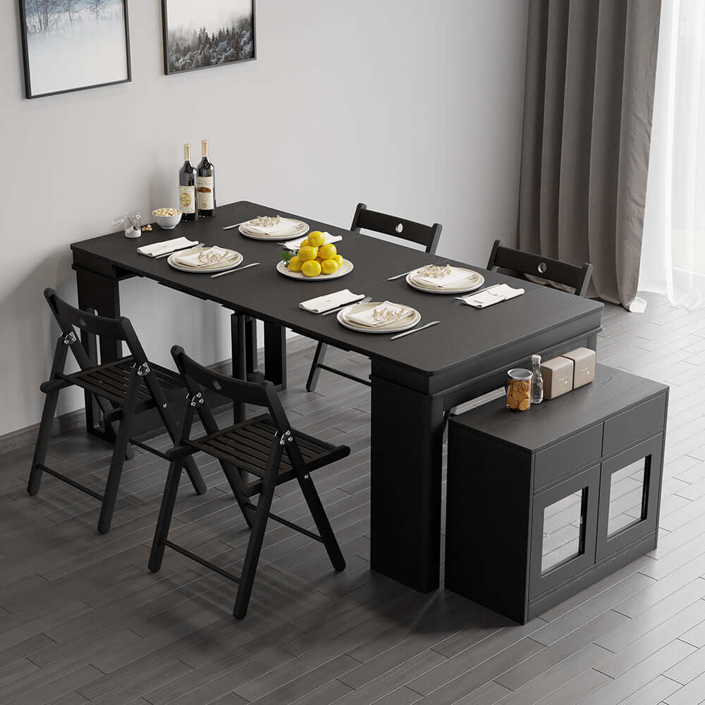 Contemporary walnut and gray dining set with extendable table, 4 chairs, and stylish storage sideboard