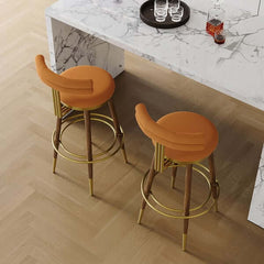 Set of 2 MidCentury Modern Orange Velvet Upholstered Bar Height Stools with Backrest for Stylish Home Decor