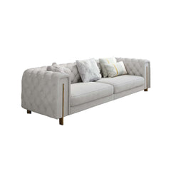 White modern velvet upholstered sofa with tufted design, perfect for living room furniture