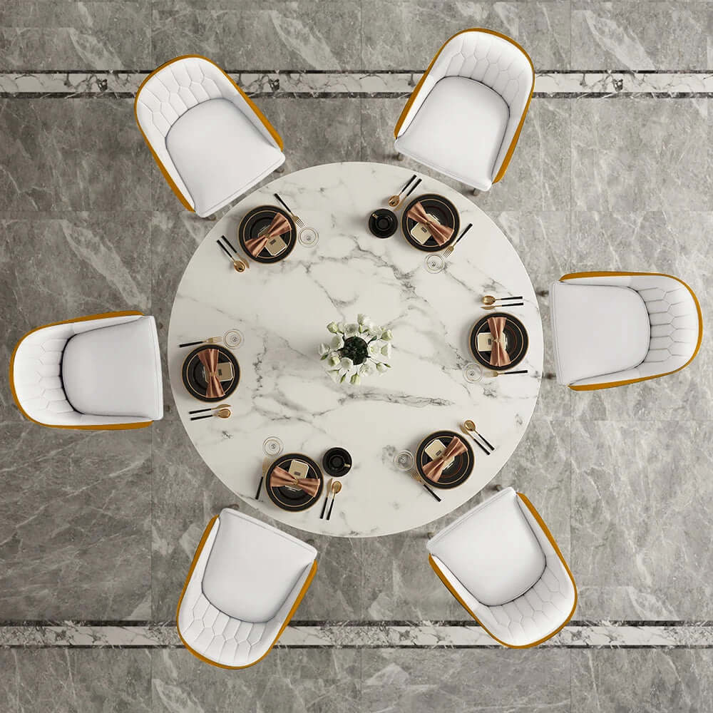 Designer 7-piece dining set with stylish sintered stone top table and 6 chairs in white & gray
