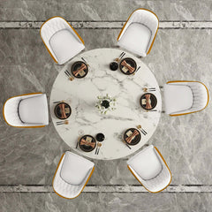 Designer 7-piece dining set with stylish sintered stone top table and 6 chairs in white & gray