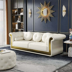 Elegant and Contemporary 3 Seater Sofa with Tufted Leather Upholstery and 5 Pillows in White for Home Décor