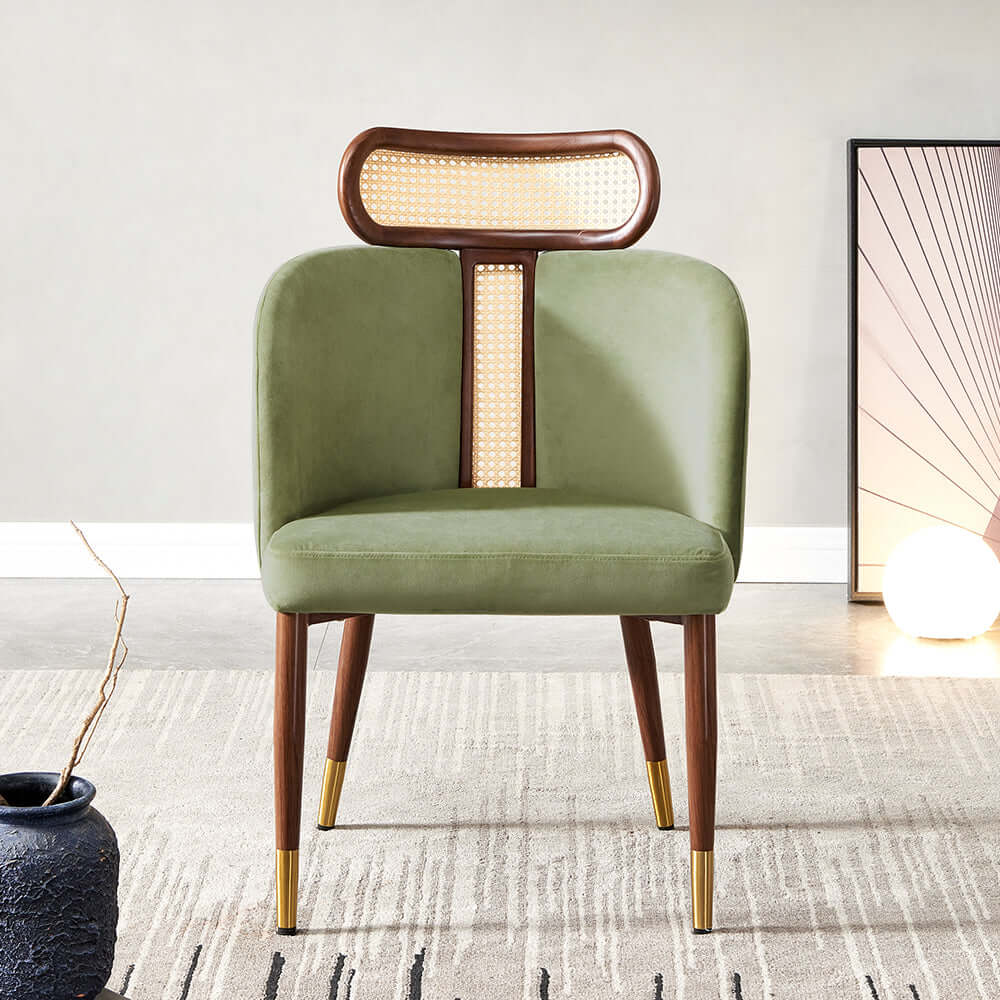 Set of 2 rattan dining room chairs in modern green velvet upholstery