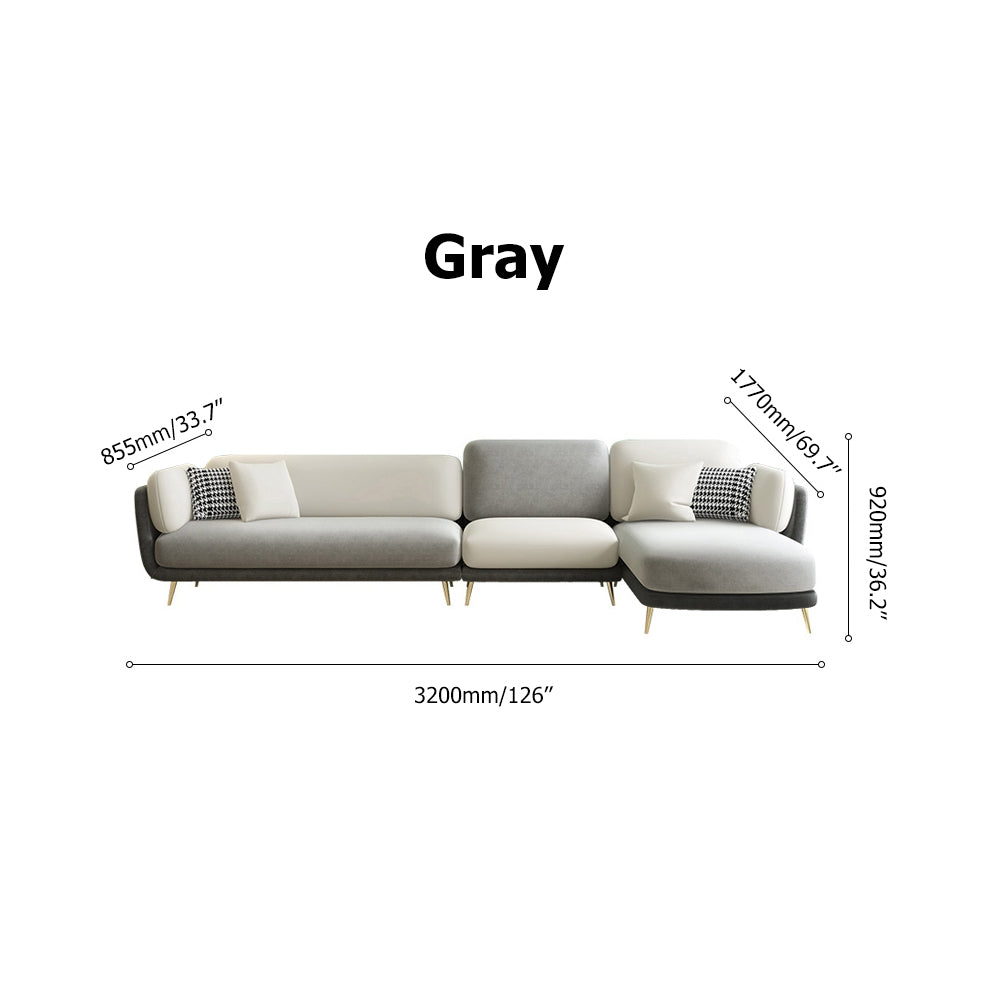 126" Gray Sectional Sofa Velvet Upholstered Modern Couch for Living Room