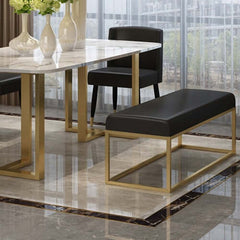 47 inch black faux leather dining bench with stainless steel gold accents