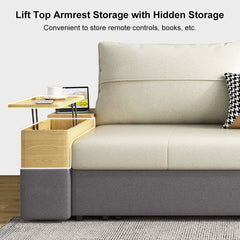 77 inch Beige and Gray Sleeper Sofa with Lift Top End Table Convertible Sofa Bed with Storage