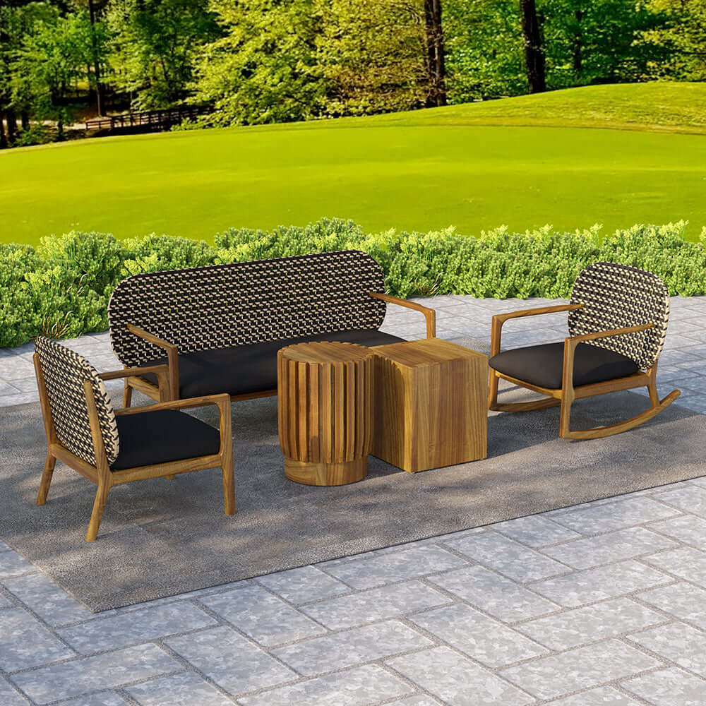 Teak and rattan 3-piece outdoor sofa set with natural wood rocking chair and cushions