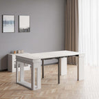 Contemporary walnut and gray dining set with extendable table, 4 chairs, and stylish storage sideboard