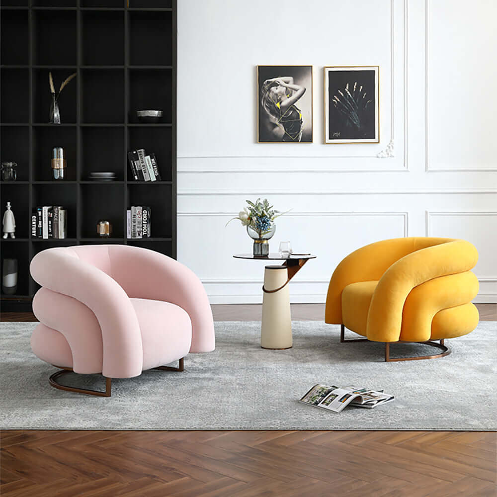 Modern yellow chair with velvet upholstery and metal base for stylish interiors