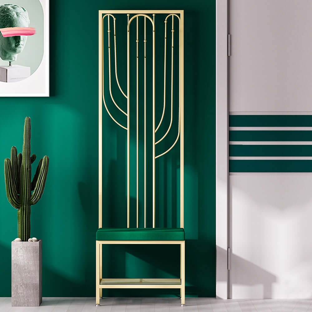 Upholstered clothing rack with shoe storage in elegant gold finish