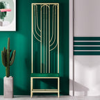 Upholstered clothing rack with shoe storage in elegant gold finish