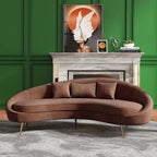 Elegant 63 inch curved sofa in pink velvet with gold metal base and included toss pillow