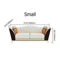 92.9-inch white and brown midcentury curved tufted back faux leather upholstered sofa