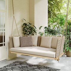 Woven Rattan Porch Handing Sofa Swing Sofa with Shiny Khaki Cushion Pillow for Outdoor Relaxation