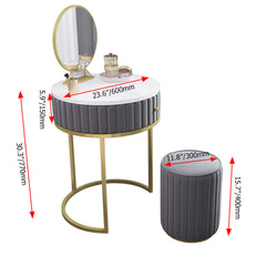 Contemporary makeup vanity set featuring velvet upholstered small dressing table with mirror and stool