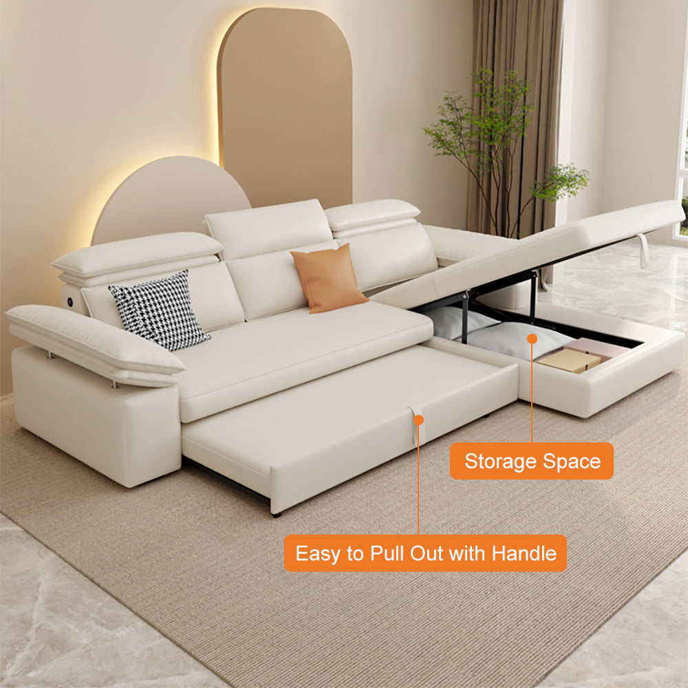 Off White Microfibres Reversible Sleeper Sectional Sofa with Chaise Pull Out Sofa Bed