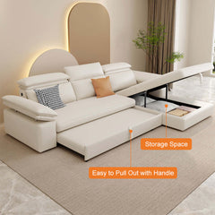 Off White Microfibres Reversible Sleeper Sectional Sofa with Chaise Pull Out Sofa Bed - Modern Furniture For Living Room