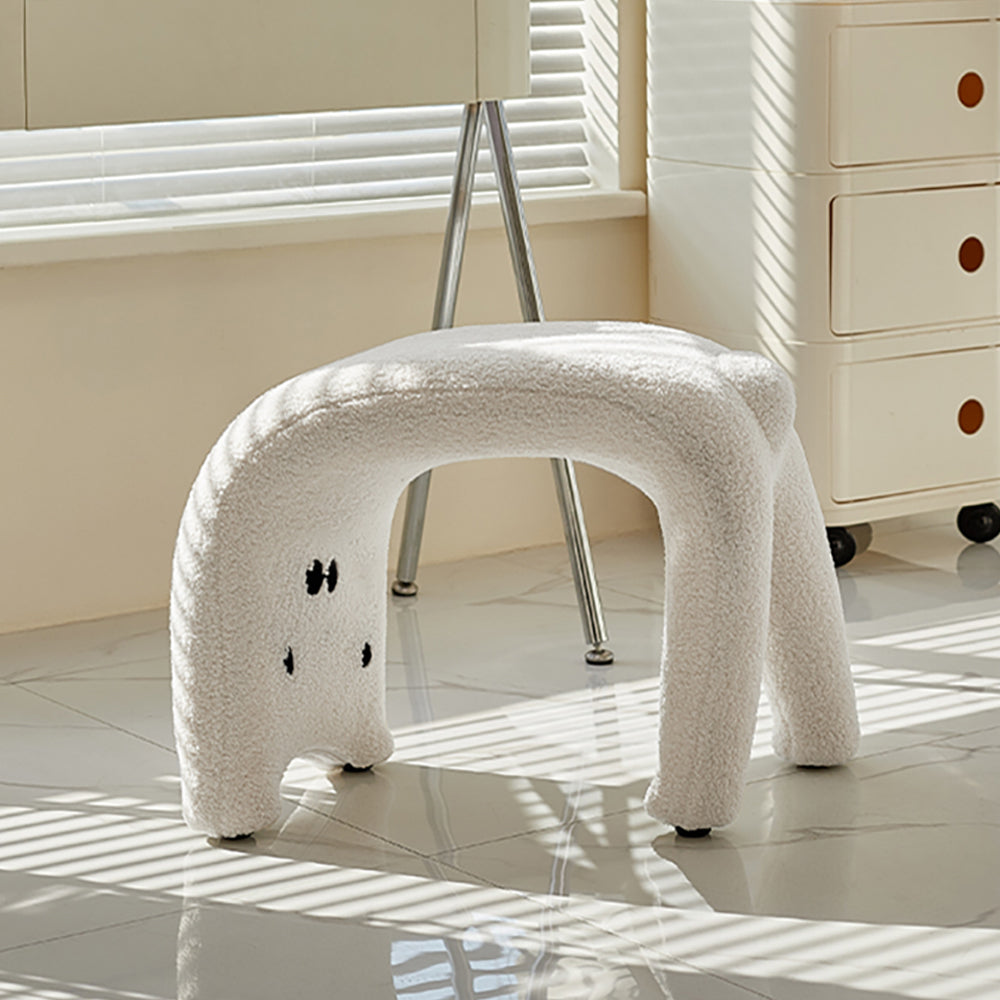 Modern White Cat Vanity Stool with Teddy Velvet Upholstery Backless Makeup Accent Chair