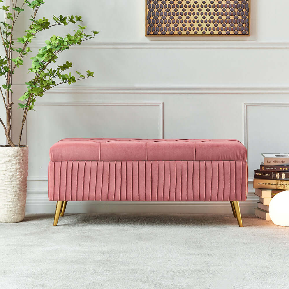 Contemporary flip top storage bench in gray velvet with gold legs