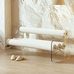 Luxurious white velvet bedroom bench with back and clear acrylic legs, modern upholstered bench