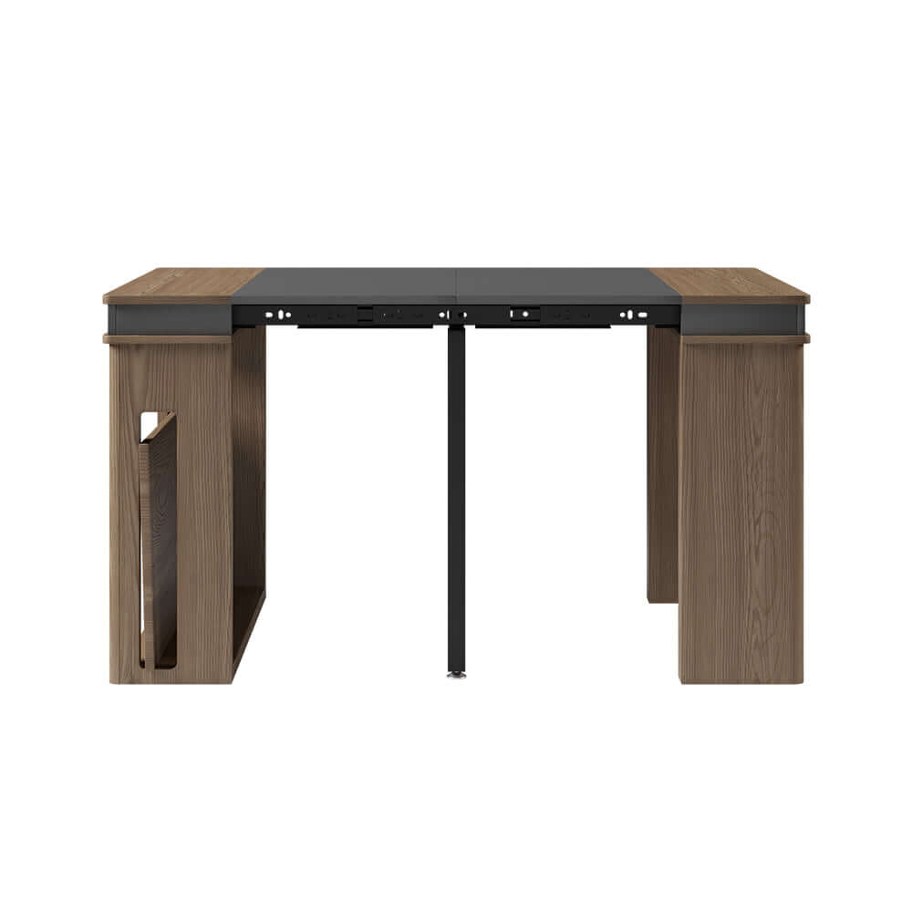 Modern extendable dining table with 4 chairs and rectangle storage sideboard in elegant walnut and gray finish