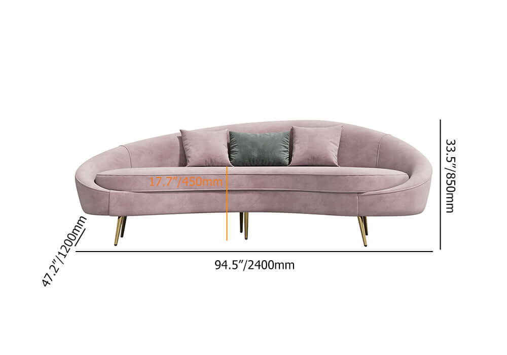 63 inch pink velvet curved sofa with gold metal frame and matching toss pillow, modern style