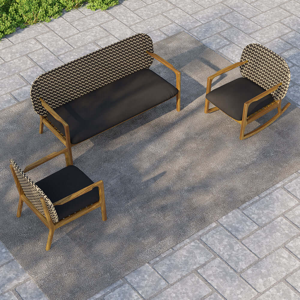 Teak and rattan 3-piece outdoor sofa set with natural wood rocking chair and cushions