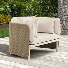 Khaki & Cream White Rattan Outdoor Armchair with Cushion and Pillow