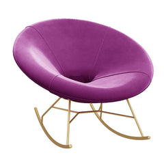 Pink velvet rocking chair with shiny gold metal legs, trendy round egg chair for modern home interiors