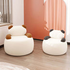 Off-white boucle sherpa bear accent chair with black and brown details, cozy lounge sofa seating