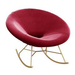 Elegant pink velvet rocking chair with shiny gold metal legs, modern round egg chair design