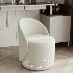 Chic Nordic White Boucle Sherpa Round Vanity Stool Swivel Accent Chair with Low Back in Light Color