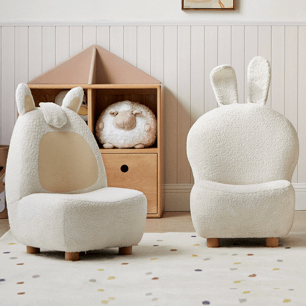 White children's boucle sherpa lounge chair with rabbit accent, cozy and stylish sofa main product image メイン画像