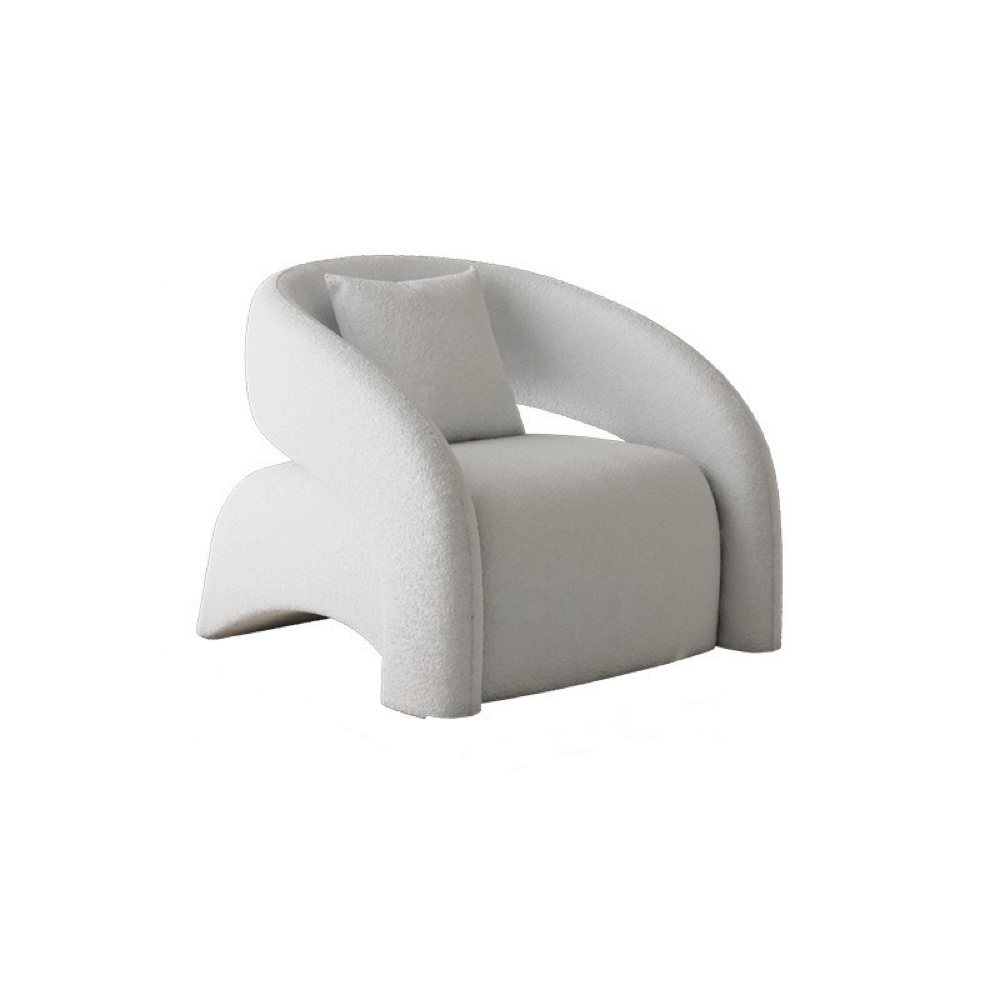 Modern curved hollow back sofa with orange, blue, yellow, and white boucle and velvet upholstery メイン画像