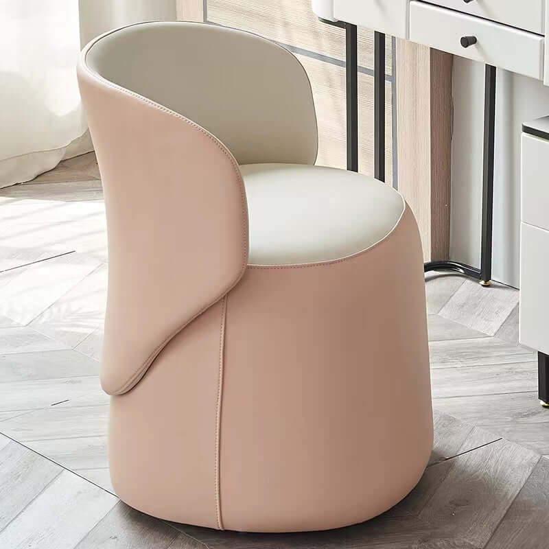 Pink Nordic swivel vanity stool with low back and PU leather upholstery