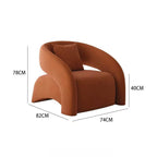 Modern curved hollow back sofa with orange, blue, yellow, and white boucle and velvet upholstery