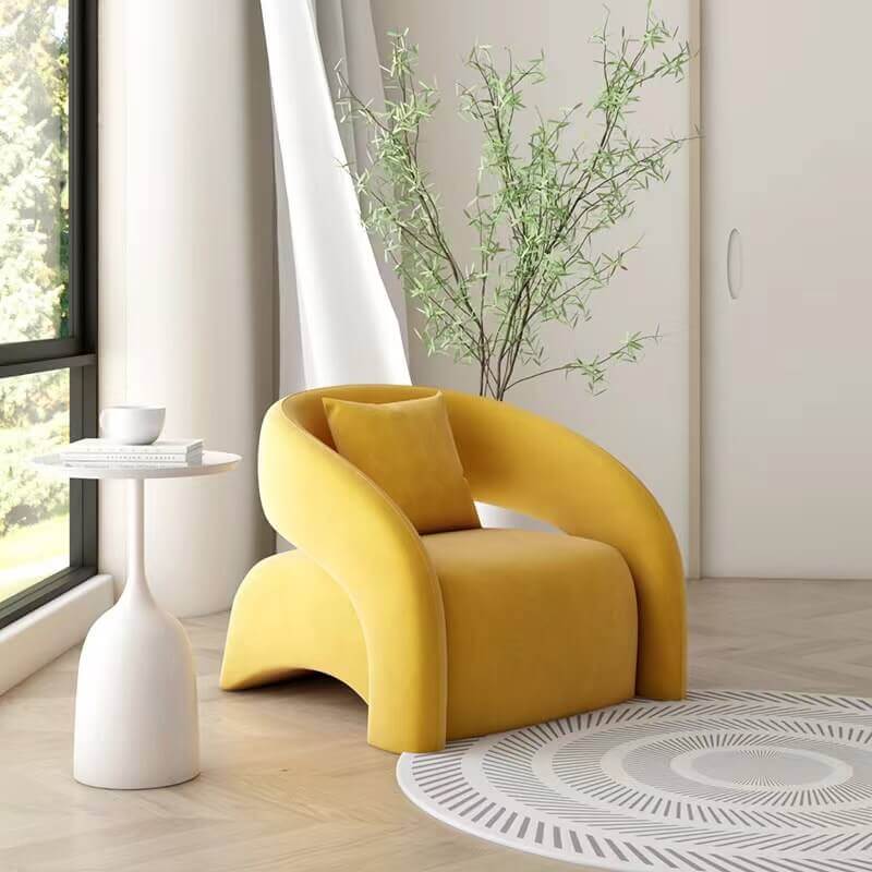 Modern curved hollow back sofa with orange, blue, yellow, and white boucle and velvet upholstery