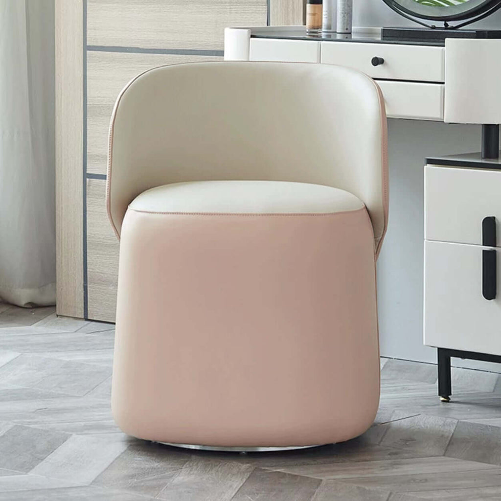 Pink Nordic swivel vanity stool with low back and PU leather upholstery