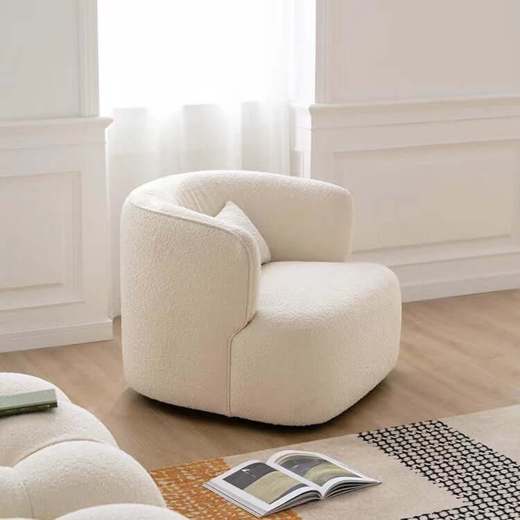 Nordic swivel accent chair in ivory boucle sherpa with white, gray, and blue tones main product image