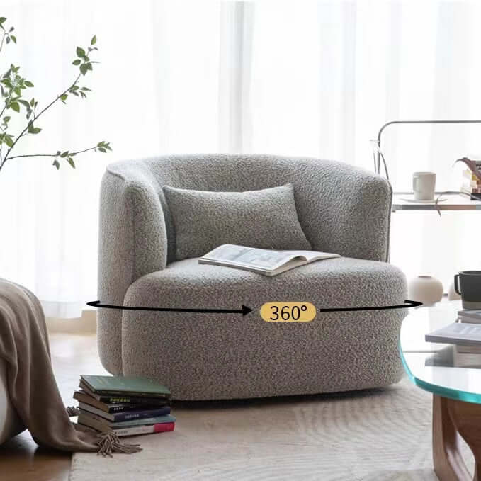 Nordic swivel accent chair in ivory boucle sherpa with white, gray, and blue tones