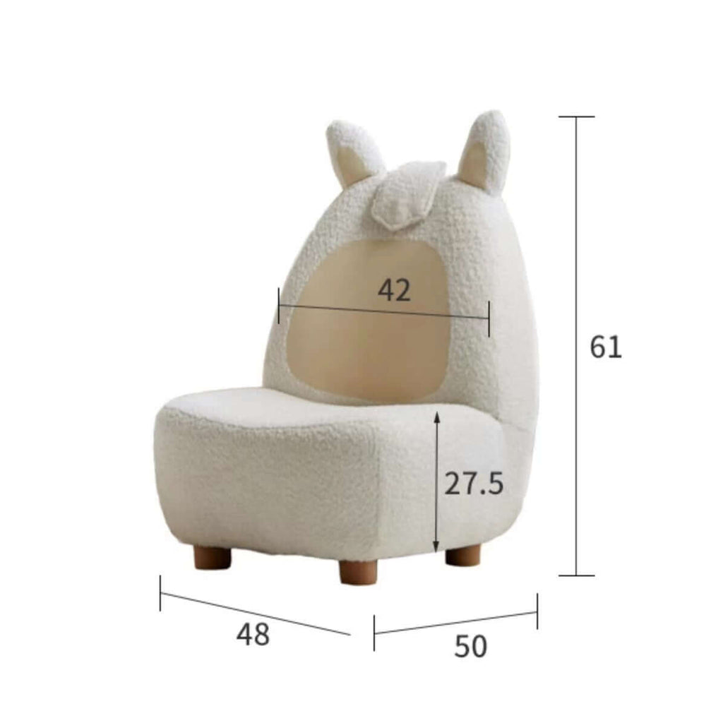 White children's boucle sherpa lounge chair with rabbit accent, cozy and stylish sofa