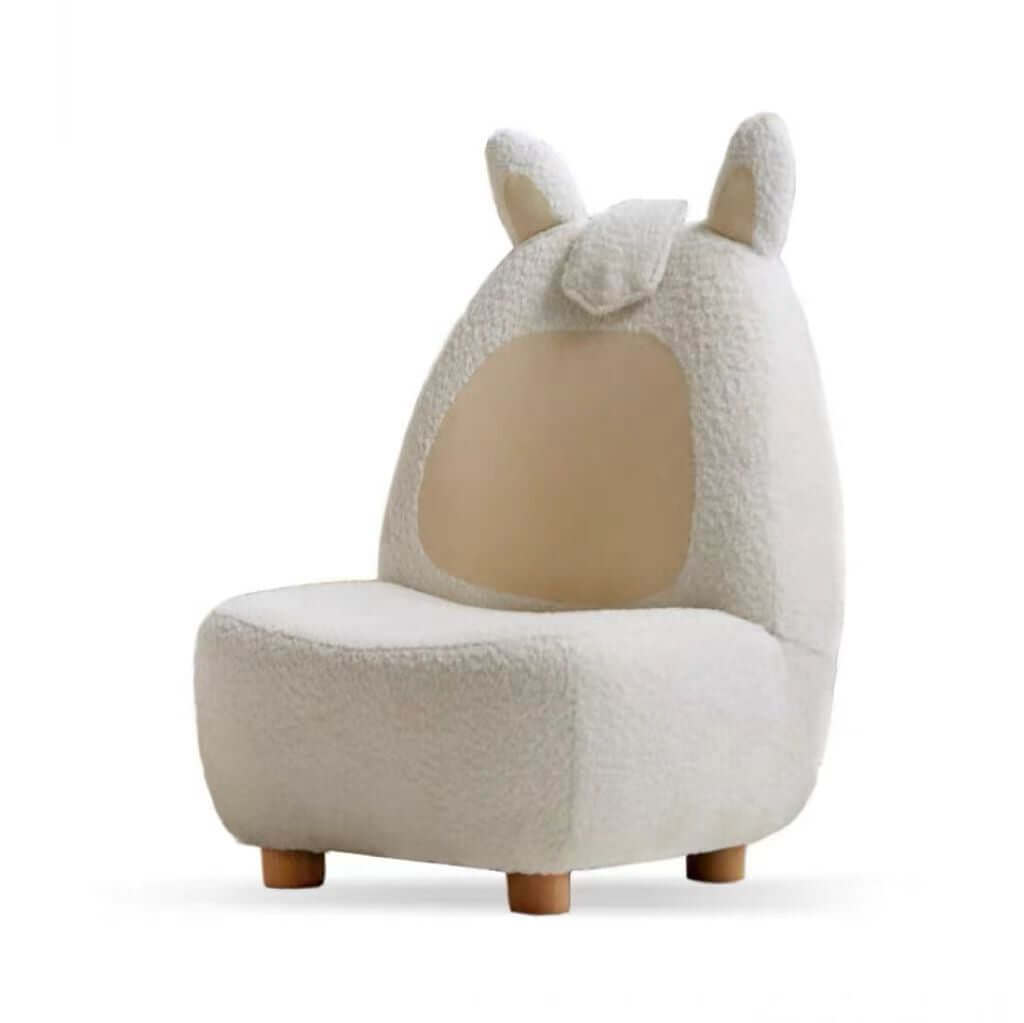White children's boucle sherpa lounge chair with rabbit accent, cozy and stylish sofa