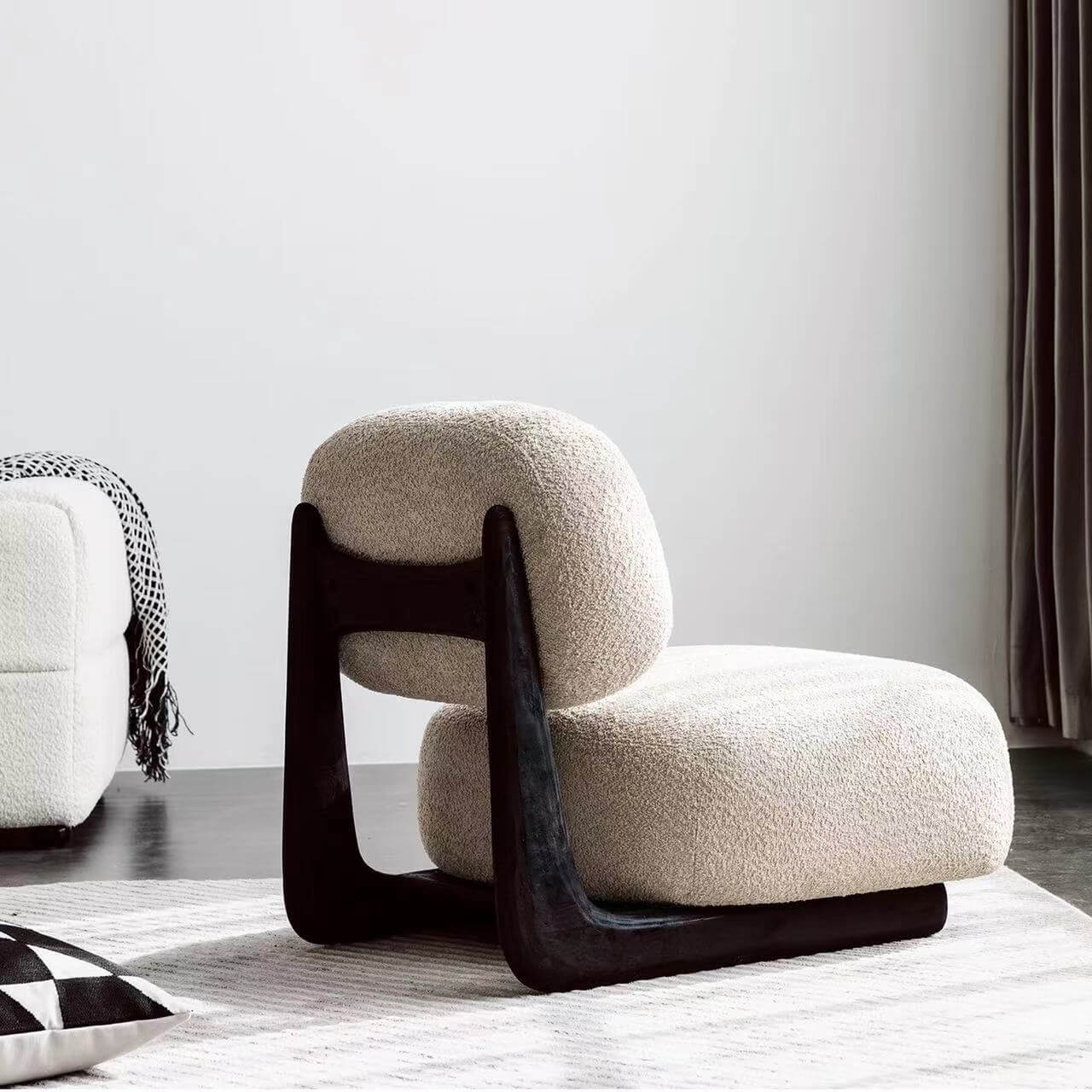 Light tan boucle sherpa lounge accent chair with wood base, modern and cozy design