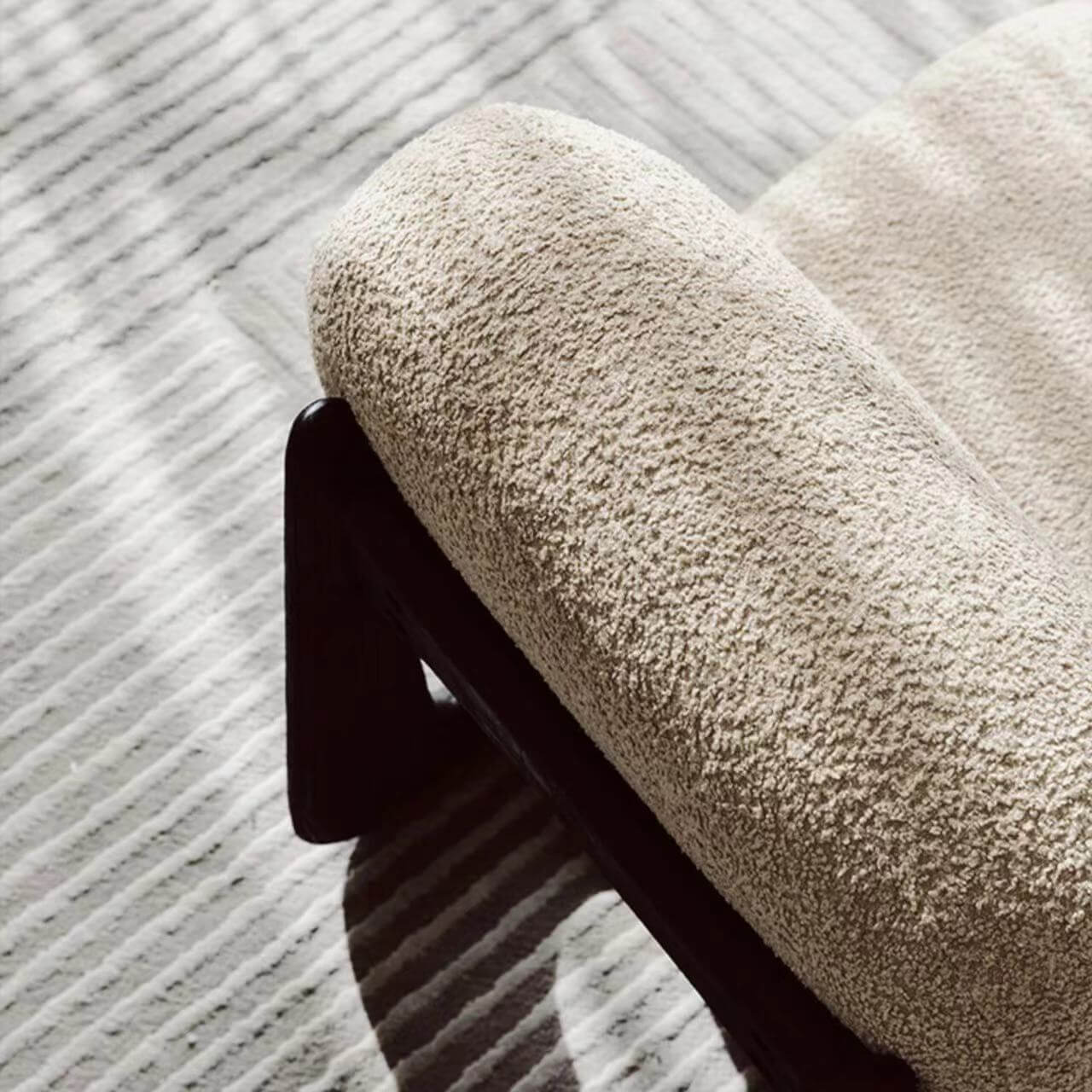 Light tan boucle sherpa lounge accent chair with wood base, modern and cozy design