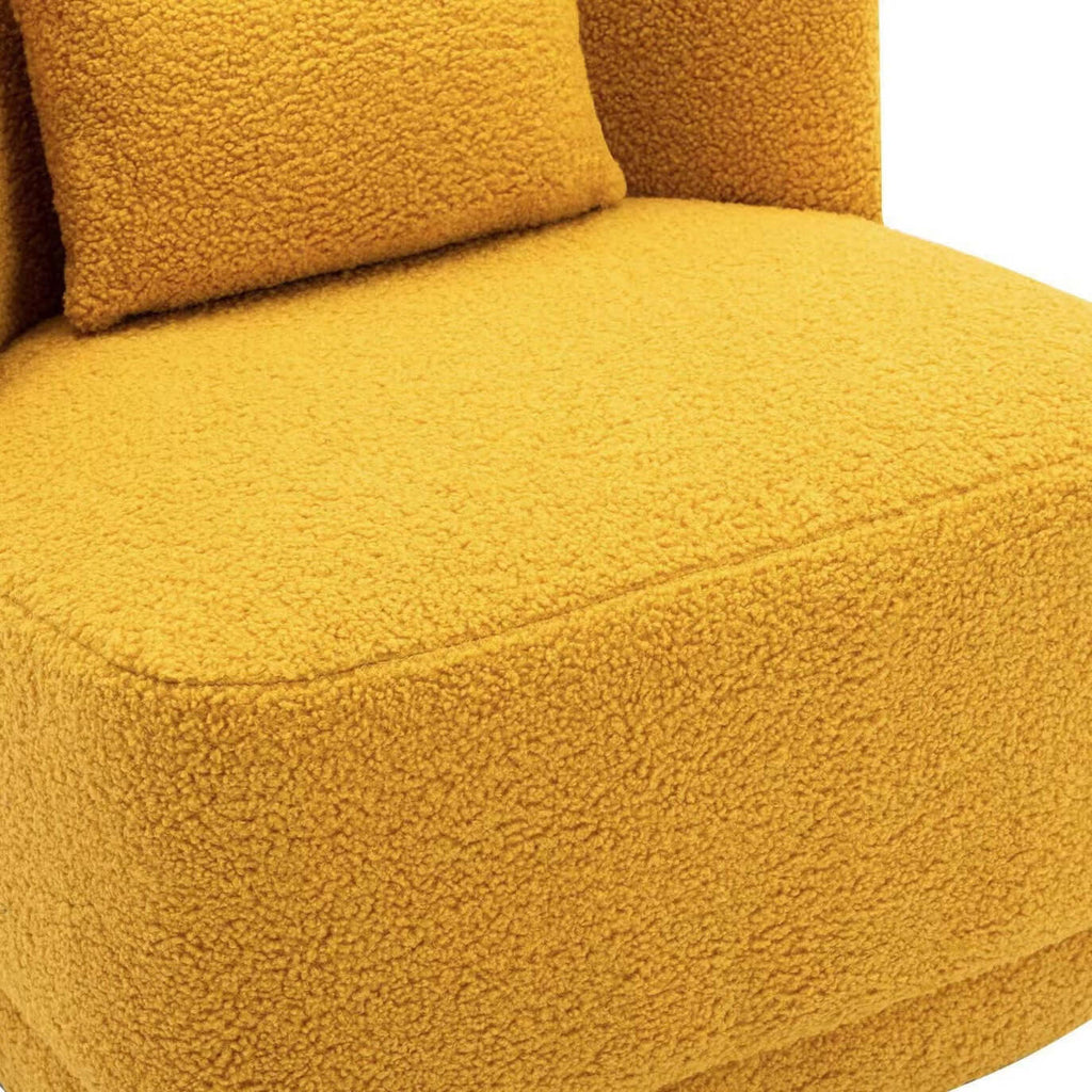 Modern Nordic swivel boucle sherpa chair with high back in white, blue, brown, and yellow colors