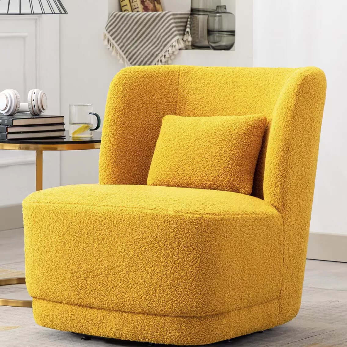 Modern Nordic swivel boucle sherpa chair with high back in white, blue, brown, and yellow colors