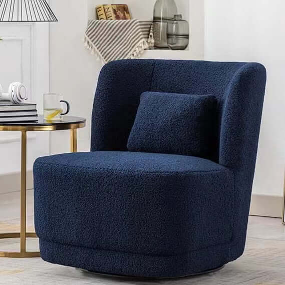Modern Nordic swivel boucle sherpa chair with high back in white, blue, brown, and yellow colors
