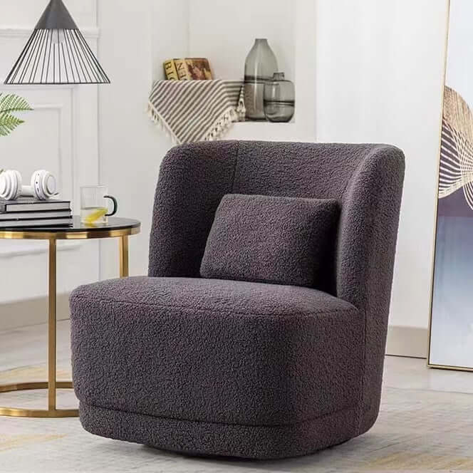 Modern Nordic swivel boucle sherpa chair with high back in white, blue, brown, and yellow colors